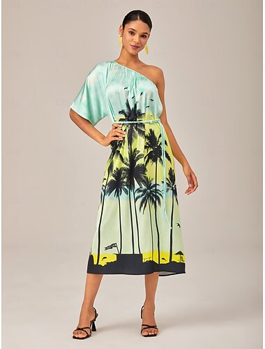  Asymmetrisches Maxikleid mit Beach Vibes und Kokospalmen-Print