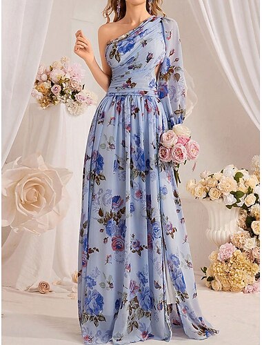  ブライズメイドドレスAラインワンショルダー長袖フロア丈シフォンブライドガウンプリーツ付き花柄プリント