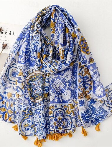 boho blauwe print sjaal, 100% polyester, ademend &zonwerende, decoratieve strandsjaal met franjes, inelastische bohemian stijl, handwasbaar - geen veren