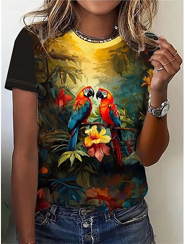  Women's T Shirt Summer Tops Bird Scenery Classic Casual Short Sleeve Crew Neck Crop Tops Daily Weekend Print Rainbow Summer Spring Fall