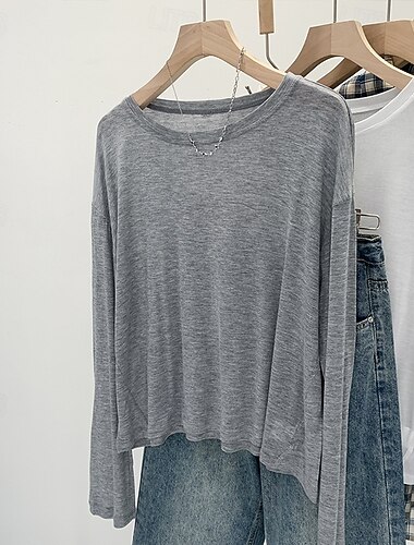  Dame T-shirt Vanlig Moderne Afslappet Langærmet Rund hals Almindelige toppe Daglig I-byen-tøj Blå Sort Hvid Lyserød Grå Sommer