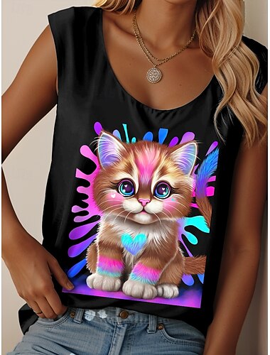 Lil Kitty par Sheena Pike Débardeur camisole pour femme Motif animal Vintage Élégant Décontracté Sans manches Col rond Col rond Hauts réguliers Imprimé quotidien Noir Été Printemps