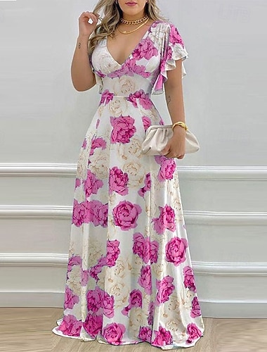  Per donna Abito Lungo Maxi Abito Abito da Cocktail Abito Floreale Abito Stampato Moda Moderno All'aperto Vacanza Ferie Vestibilità regolare Fiore Manica Corta Scollo a V Blu Arancione Rosso rosa
