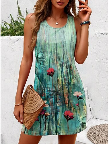  Per donna Mini Abito Vestito Casual Vestito Estivo Abito a trapezio Abito a spalle scoperte Vacanza Casual Boho Feste Ferie Vestibilità regolare Ombre Floreale Grafico Senza Maniche Collo a U Verde