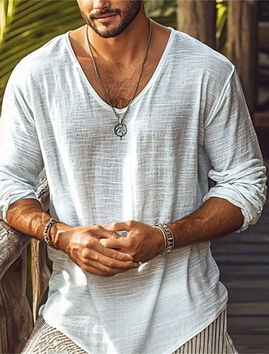  Hombre Camiseta Tee Camiseta superior Camisa de manga larga Manga Larga Escote en Pico Verano Primavera Plano Moda Design Básico Básico Vacaciones Calle Noche Blanco Camiseta superior para hombre