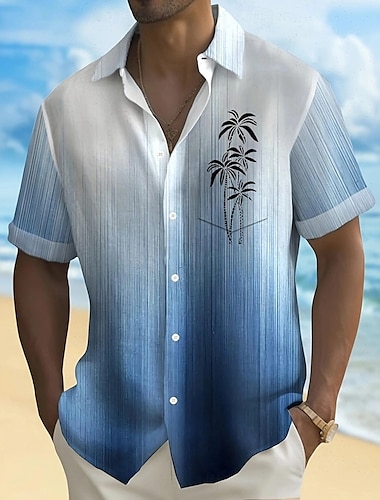  Herr Gradientfärg Kokosnötspalm Skjorta Hawaii skjorta Knapp upp skjorta Kortärmad Hawaiisk Semester Helgdag Standkläder Sommar Vår Nedvikt 3D-utskrift krage skjortor Främre en ficka Blå Grön