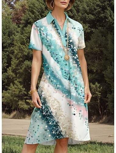  Femmes Robe Midi Robe trapèze Vacances Occasionnel Quotidien Date Coupe régulière Graphique Abstrait Manche Courte Col de chemise Vert Été Printemps