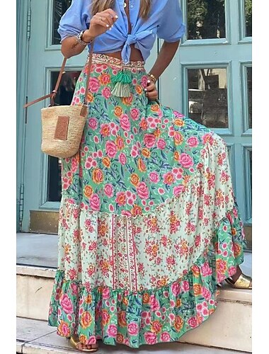  Dames Rok Bohemen Casual Boho Maxi Medium taille Rokken Bloemig Afdrukken Micro-elastisch Vakantie Uitgaan Rood Fuchsia Groen Zomer Polyester