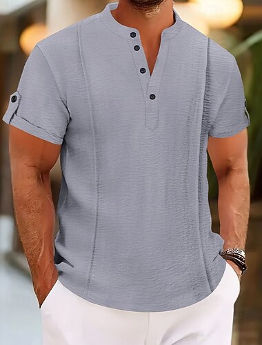  Homens Camisa Social Camisa casual camisa de botão Tecido Férias Rua Branco Azul Royal Azul Marron Manga Curta Henley Verão Roupa Cordões