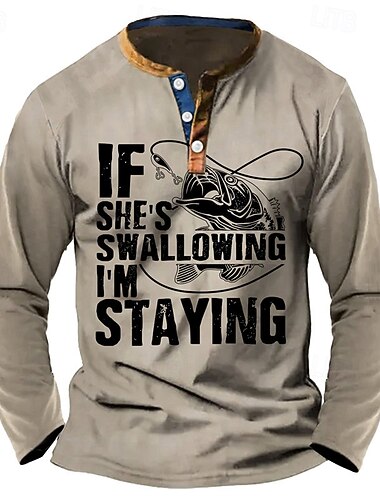  Мужская футболка Хенли с длинным рукавом Смешная графическая футболка для рыбалки с шуткой 'Если она глотает я остаюсь' Взрослый юмор