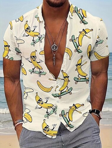  Herren Lustig Banane Skateboard Hemd Sommer Hawaiihemd Knopfhemd Kurzarm Hawaiianisch Urlaub Ferien Strandbekleidung Sommer Frühling Umlegekragen 3D-Druck Hemden mit Kragen Hellkaki Beige
