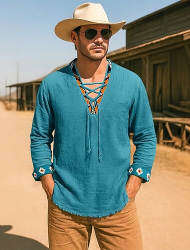  Per uomo Camicia Camicia di lino Stile vichingo Camicia Estiva Camicia da Spiaggia Camicia Western Tinta unica Vacanza Casuale Nero Bianco Verde Manica Lunga Scollo a V Abbigliamento Coulisse