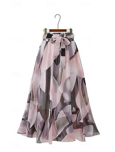  Damen Rock Schwingend Lässig Maxi Mittlere Hüfthöhe Röcke Blumen Druck Mikroelastisch Urlaub Ausgehen Schwarz Weiß Rosa Blau Sommer Polyester