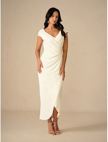  Damen Maxikleid Wickelkleid Party Geburtstag Formell Hochzeit Urlaub Hochzeitsgast Normale Passform Einfarbig Kurzarm V Ausschnitt Weiß Sommer Frühling Herbst