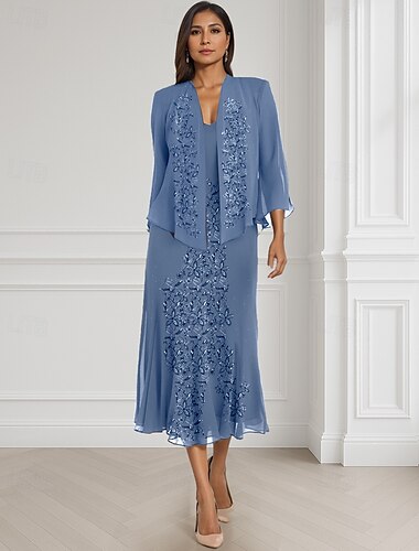 Tweedelig A-lijn Moeder van de bruid jurk Formeel Bruiloft gast Elegant Vierkante hals Tot de grond Chiffon Lange mouw Wrap inbegrepen met Kant Lagen Borduurwerk 2025