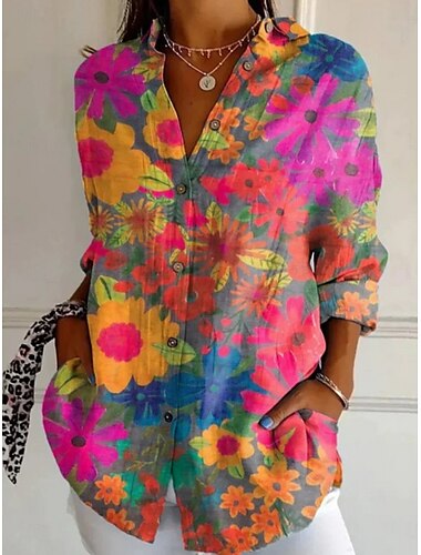  Femmes Chemise Fleuri Rayé Élégant Moderne manche longue Col de chemise Hauts Réguliers Quotidien Fête Avec Poches Boutons Imprimé Bleu Violet Fuchsia Orange Été
