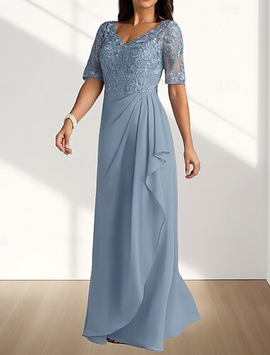  A-Linie Mutter der Braut Kleid Hochzeitsgast Elegantes V-Ausschnitt Bodenlänglich Chiffon Halbärmel mit Falten Applikationen