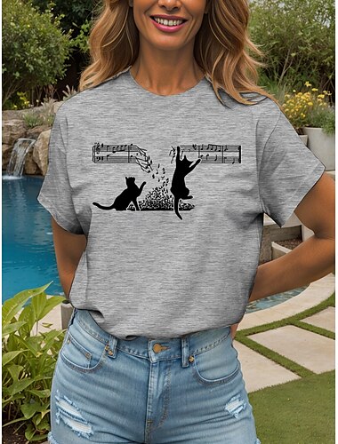  Damen T Shirt Baumwollhemd Grafik Katze Vintage Stilvoll Klassisch Kurzarm Rundhalsausschnitt Rundhals Normale Oberteile Täglich Druck Schwarz Weiß Grau Sommer