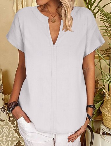  Mujer Blusa Color sólido Elegante Casual Manga Corta Escote en Pico Tops regulares Diario Festivos Negro Blanco Rosa Azul Piscina Verde Trébol Verano