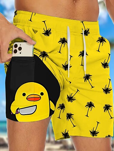  Herren Kokospalme Lustig Ente Gefütterte Shorts 2 in 1 Badeshorts Badeshorts Mittlere Taille Hawaiianisch Urlaub Strandbekleidung Seitentaschen Mit Kompressionsfutter Elastischer Kordelzug in der