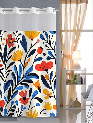  Geen Haak Douchegordijn 180cm*180cm (70"*70") met Snap-in Polyester Voering Transparante Bovenkant Raam Waterdicht Dubbel Laags Badkuip Gordijn Bloemen Vogelpatroon