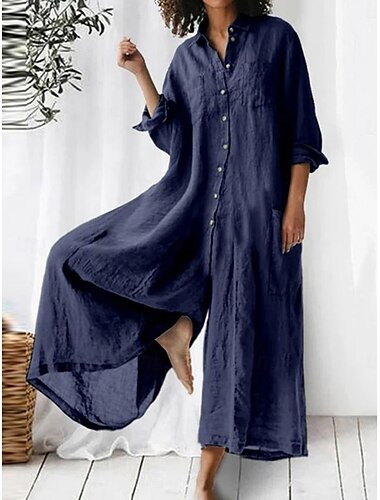  Damen Jumpsuit Aktiv Einfarbig Langarm Weit Bein Hemdkragen Knöpfe Tasche Urlaub Täglich Reguläre Passform Armeegrün Marineblau Khaki Sommer