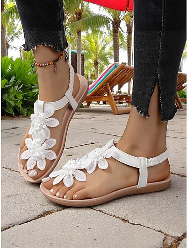  weiße, flache Sandalen mit Blumenmuster für Damen – Spitzenblumendesign mit elastischem Riemen an der Rückseite für Sommerhochzeiten am Strand und lässige Tagesoutfits