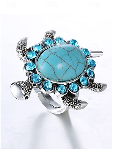  Damen Vintage Schildkrötenring mit blau-türkisem Edelstein – Boho Tierschmuck für Strandurlaub, Festivals und Freizeit