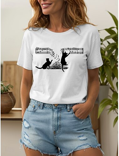  Dames T-shirt Katoenen shirt Grafisch Kat Vintage Stijlvol Klassiek Korte mouw Strakke ronde hals Ronde hals Normale tops Dagelijks Afdrukken Zwart Wit Grijs Zomer