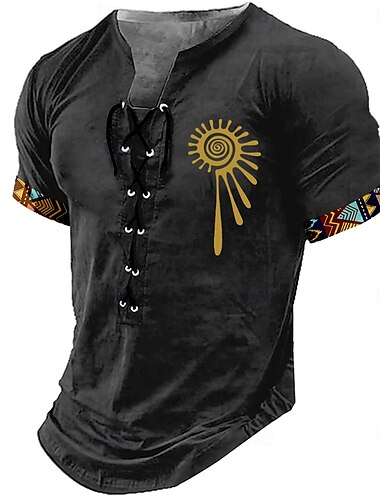  Homme Tribal Chemise Manche Courte T-shirt Impression 3D Col à lacets Chemise Rétro Vintage Vintage Rétro Rue Occasionnel Quotidien Noir Kaki Gris foncé Été Printemps Vêtement Tenue S M L XL XXL XXXL