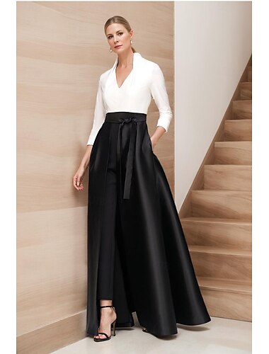  Combinaison trapèze / tailleur-pantalon mère de la mariée noir et blanc élégant simple minimaliste col en V longueur au sol longueur cheville satin sans manches manches 3/4 avec ceinture / ruban 2025