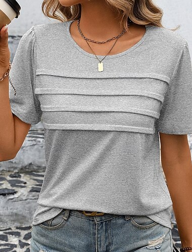  Damen Tunika einfarbig schlicht elegant vintage modisch Kurzarm Rundhals reguläre Tops täglich Wochenende Schwarz Beige Rosenpink Grau Sommer Frühling