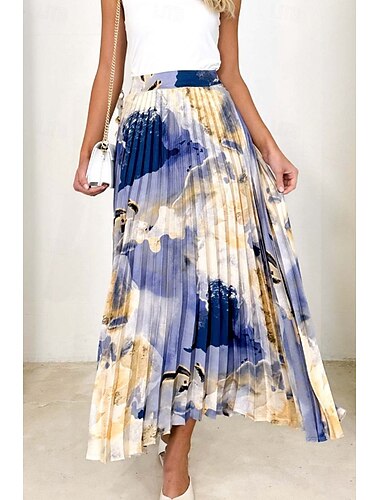  Femmes Jupe Occasionnel Maxi Taille Basse Jupes Teinture par nouage Plissé Imprimé Micro-Élastique Vacances Rue Violet Été Polyester