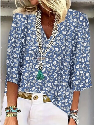  Blusa da Donna A Bottone Grafica Floreale Fiore Elegante Spiaggia Manica Corte Collo V Regolare Top Giornaliero Stampa Blu Estate Primavera