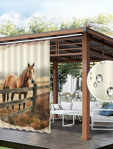  Vízálló Kültéri Függöny Magánélet Csúszó Terasz Függöny Sötétítők Pergola Függöny Öntött 3D Állat Lovak Pavilonhoz Erkélyhez Verandához Ünnephez 1 Panel