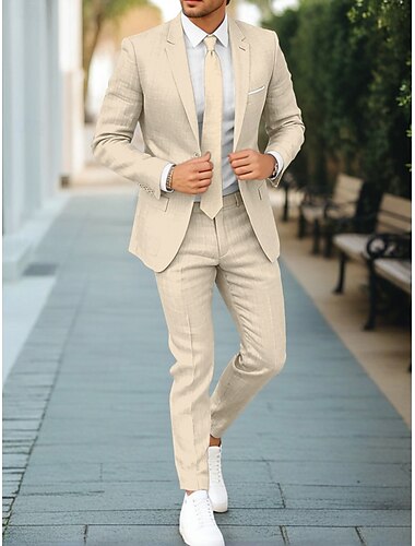  Costumes en lin pour hommes kaki foncé kaki clair formel d'affaires été de couleur unie ajustement standard 2 pièces à boutonnage simple un bouton
