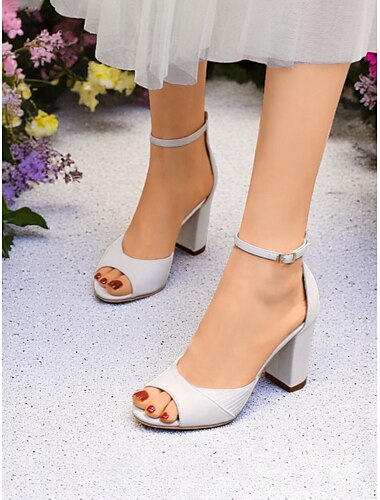  Weiße High Heels mit offenem Zehenbereich und Knöchelriemen für Damen, stilvolle Blockabsätze für Brautpartys und Hochzeitszeremonien