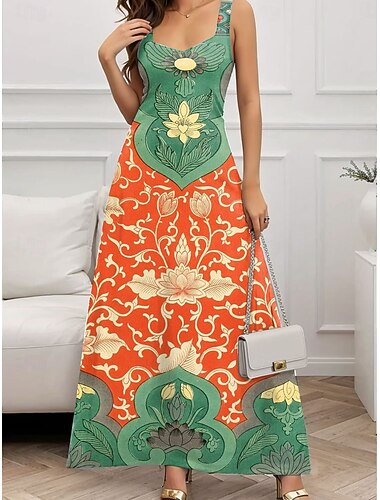  Dames Maxi-jurk A lijn jurk Zomerjurk Off-the-shoulder jurk Vakantie Casual Feest Afspraakje Normale pasvorm Bloemig Grafisch Mouwloos Vierkante hals Zwart Oranje Groen Zomer Lente