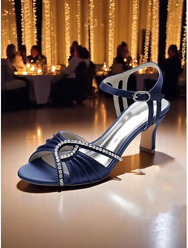 Sandales à talons en satin bleu marine et strass pour femme – élégantes chaussures à bout ouvert pour cocktails, mariages et soirées