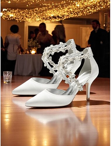  Tacones de satén blanco con tiras de cristal para mujer: elegantes zapatos de cóctel de punta puntiaguda para bodas y fiestas de noche.