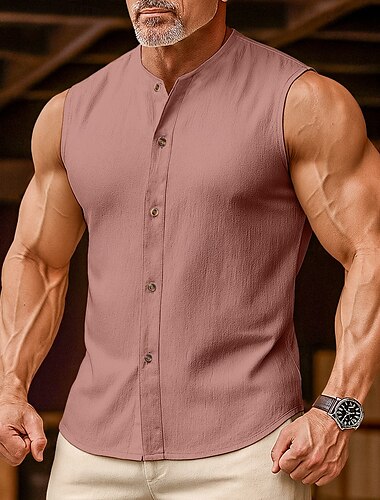  Herren leinenhemd Tank Top Weste Unterhemd Ärmellos Rundhals Mandarinkragen Sommer Frühling & Sommer Einfach Mode Designer Basic Knöpfe Knopf vorne Urlaub Straße Lässig Schwarz Rosa Wein Top T-Shirt