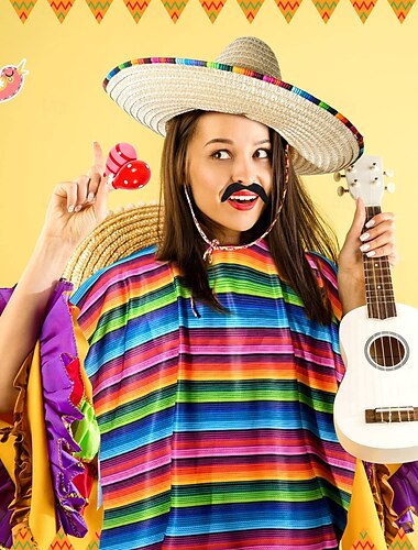  6-teiliges Mexiko-Kostümset inklusive Sombrero-Hut, Mexiko-Poncho, falschem Schnurrbart, bunten Maracas und Stock-Requisite für Erwachsene, Männer und Frauen, Cinco de Mayo-Outfit, Fiesta, Event,
