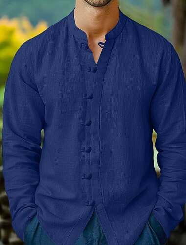  Herre Skjorte linned skjorte Sommer skjorte Casual skjorte Strandtrøje Button Up skjorte Vanlig Ferierejse Afslappet Sort Hvid Navyblå Kakifarvet Langærmet Båndkrave Forår sommer Tøj