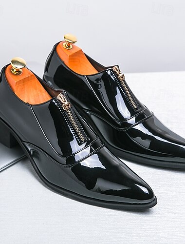  lesklé modré lakované společenské boty pro muže se zapínáním na zip - trendy taneční boty pro speciální příležitosti