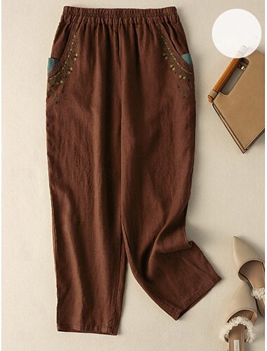  Pantaloni in Cotone e Lino da Donna Pantaloni Baggy Chinos Moda Streetwear Stile Etnico Lunghezza Completa Alta Vita Fiori Ricamati Tasca Elastico Comodo Morbido Confortevole Micro-elastico Outdoor