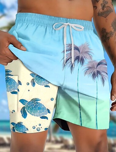  Herren Kokospalme Schildkröten Tropische Pflanzen Gefütterte Shorts 2 in 1 Badeshorts Badeshorts Mittlere Taille Hawaiianisch Urlaub Seitentaschen Mit Kompressionsfutter Elastischer Kordelzug in der