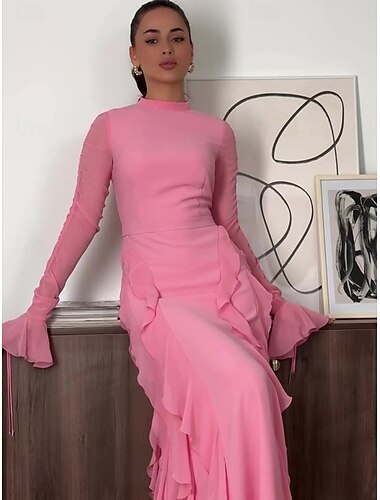  A-Linie rosa elegantes Kleid Hochzeit Hochzeitsgast bodenlang Langarm Stehkragen Chiffon mit Rüschen 2025