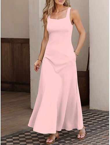  Femmes Robe maxi Robe trapèze Robe d'été Robe à épaules dénudées Vacances Occasionnel Soirée Date Coupe régulière Couleur Unie Graphique Sans manches Col carré Noir Blanche Rose Claire Gris Ét