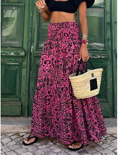  Jupe Femme Jupe Maxi Jupe A Ligne Mode Bohème Décontractée Jupe Maxi Taille Haute Imprimé Floral Poche Micro-élastique Rue Quotidienne Rose Fuchsia Été Polyester Mélange Coton