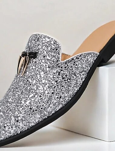  Mules à pampilles argentées pour hommes – Chaussures de soirée scintillantes et sans dos pour bal de promo et spectacle